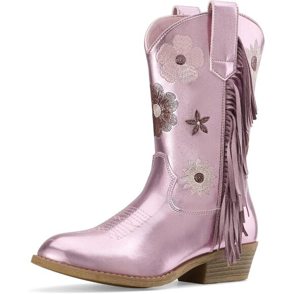 Girls Purple Cowgirl Boots With Tassel Floral Embroidered Kids Western Boots